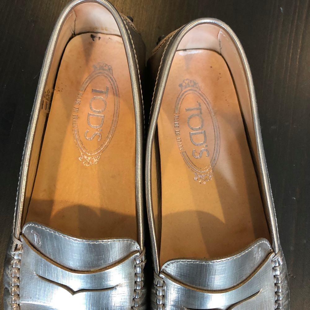 Tod's Metallic Silver Leather Penny Loafers - Picture 2 of 8
